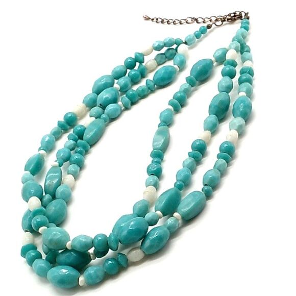 Triple Strand Faux Turquoise (Dyed Howlite) & White Beaded Necklace - Picture 1 of 12